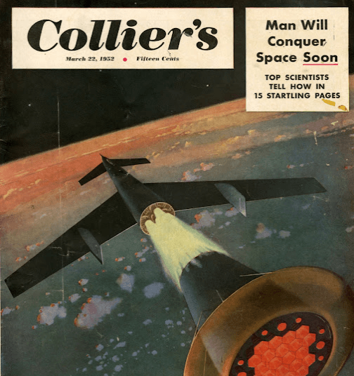 Collier's magazine cover, March 22, 1952, headlined Man Will Conquer Space Soon, with a winged rocket above Earth.