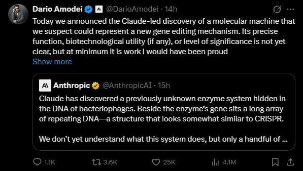Screenshot of Dario Amodei's post quoting Anthropic on a Claude-found enzyme system beside CRISPR-like DNA repeats.