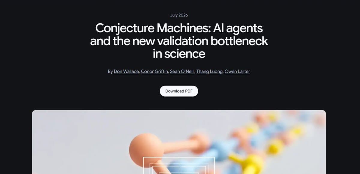 Google DeepMind page header for Conjecture Machines, July 2026, by Don Wallace, Conor Griffin, Sean O'Neill, Thang Luong, and Owen Larter.