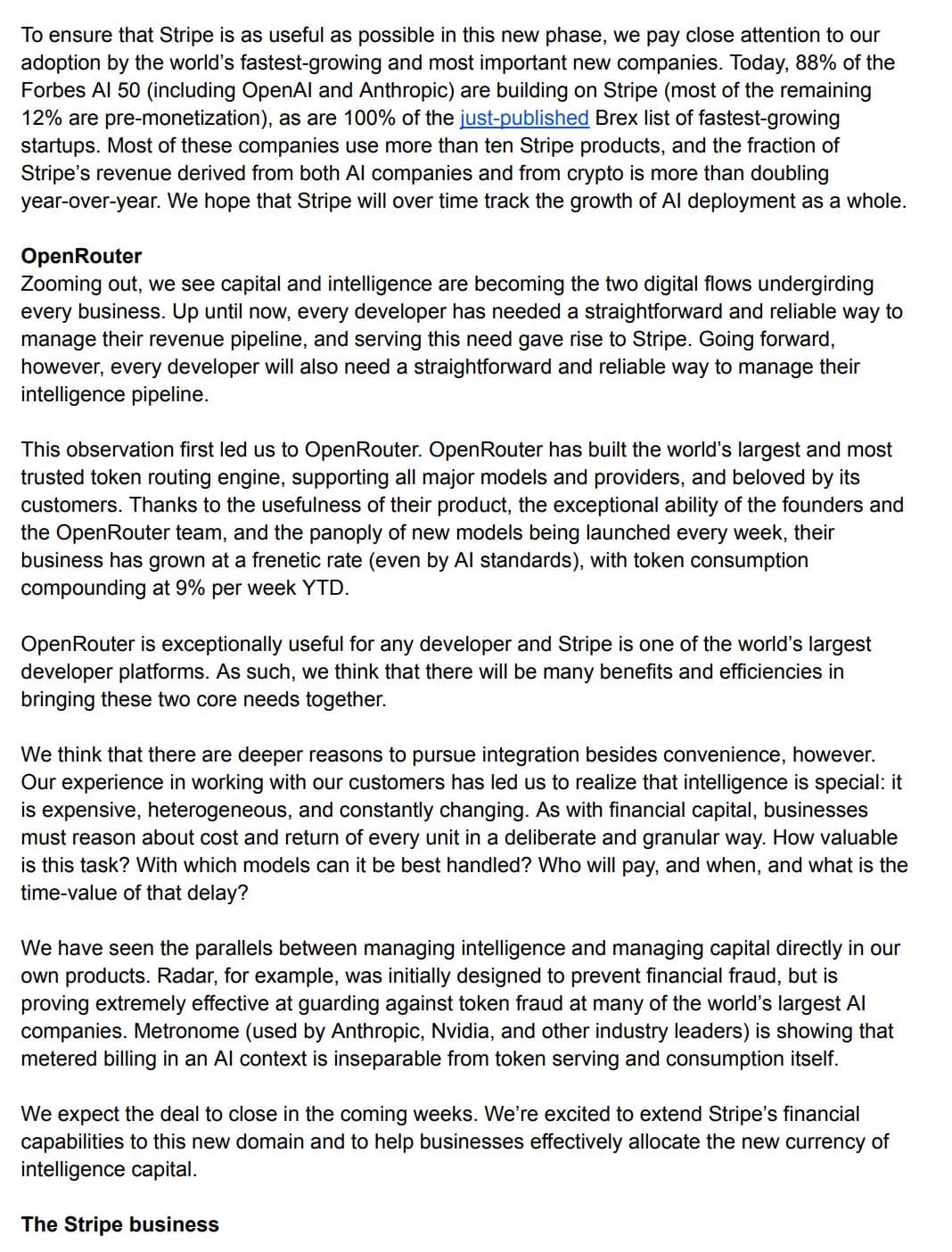 Page 3 of the letter: AI and crypto revenue, the OpenRouter heading, token routing at 9% weekly, and The Stripe business.