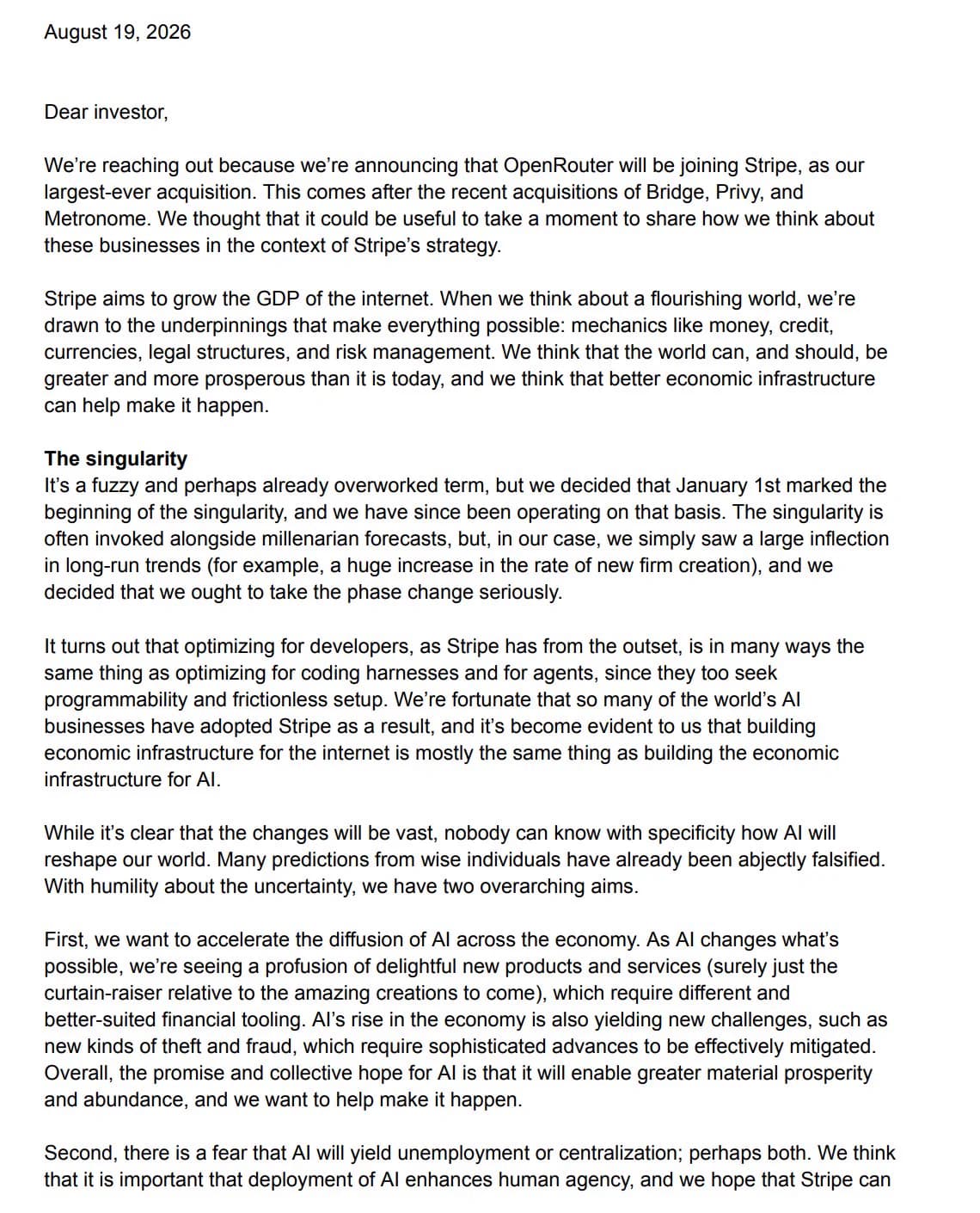 Page 1 of Stripe's August 19, 2026 investor letter: Dear investor, OpenRouter joining Stripe, and the heading The singularity.