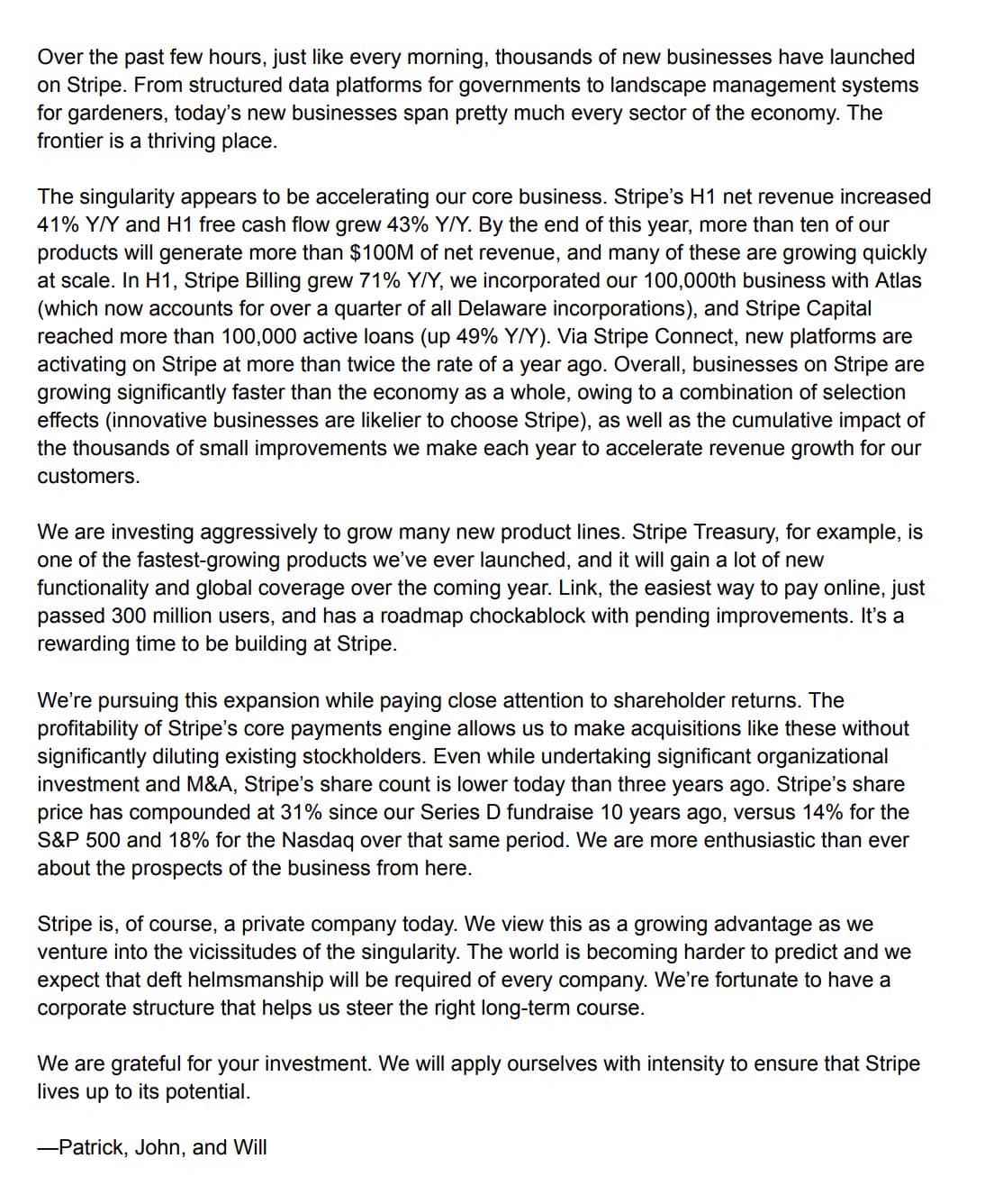 Page 4 of the letter: H1 growth figures, Atlas and Capital, share-price compounding, signed Patrick, John, and Will.