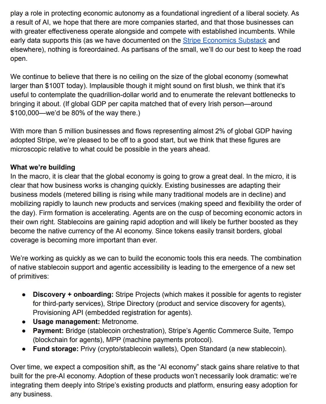 Page 2 of the letter: economic autonomy, the quadrillion-dollar world, and the heading What we’re building with agent primitives.