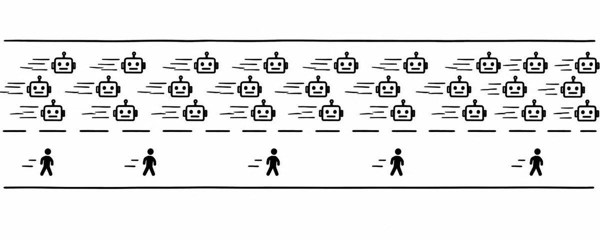 Three lanes of identical robot faces rush rightward above a sparse lane of walking human figures. The drawing has no words.