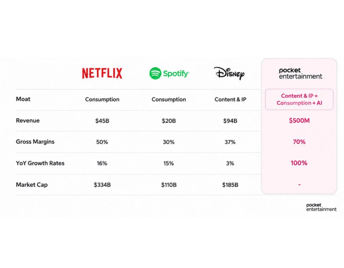 Comparison table of Netflix, Spotify, Disney, and pocket entertainment on moat, revenue, gross margins, YoY growth, and market cap.