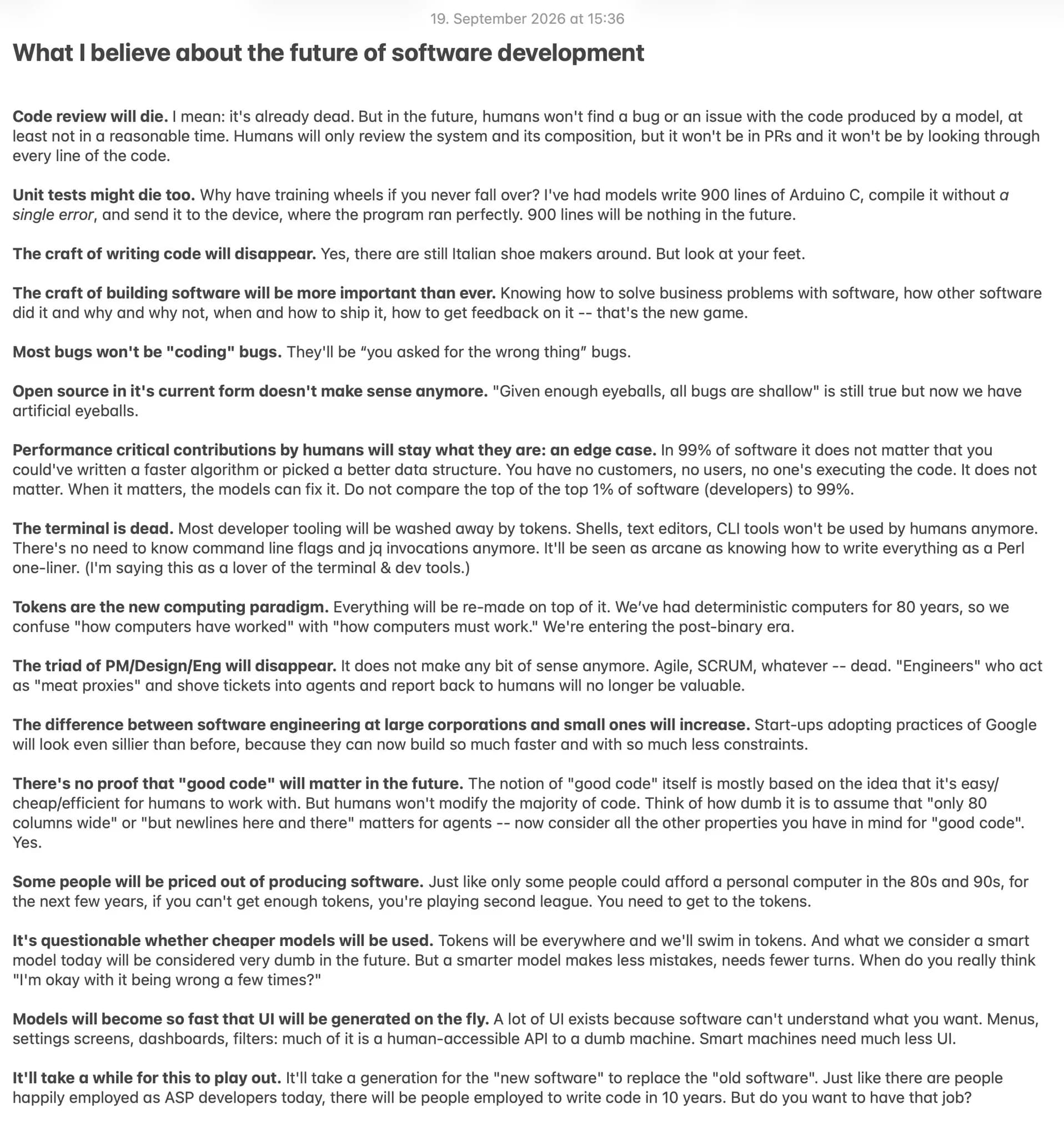 Screenshot titled What I believe about the future of software development, dated 19 September 2026, listing bold claims about code review, tests, craft, tokens, and UI.