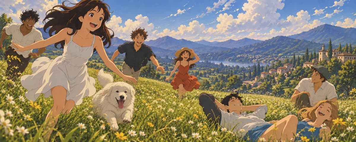 Anime-style illustration of young adults and a dog laughing and running through a daisy meadow above a lake village.
