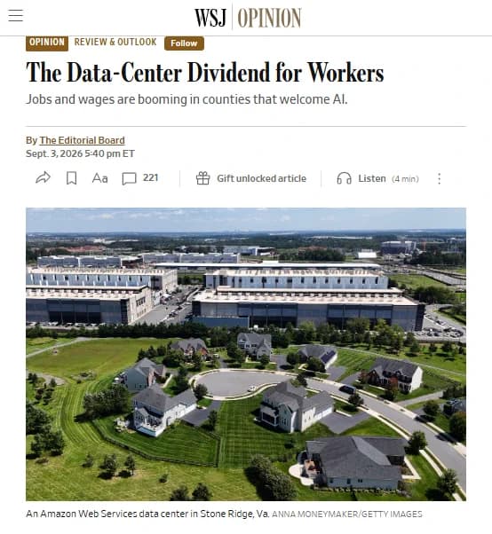 WSJ Opinion header for The Data-Center Dividend for Workers, with aerial photo of an AWS data center beside homes in Stone Ridge, Va.