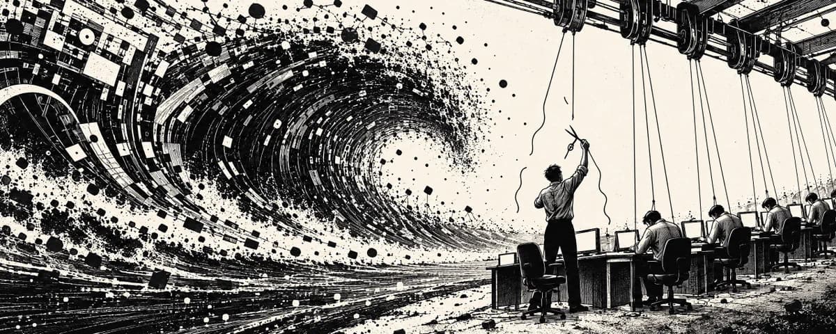 Black-and-white illustration: a digital Great Wave of screens and circuitry looms over office workers at desks; one worker stands cutting the cable that tethered him to overhead machinery.